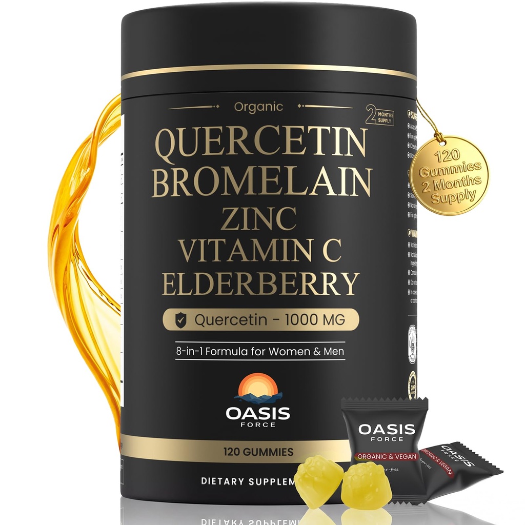 8-in- 1 Quercetin dengan Bromelain Gummies 1000mg, Potency Organic Quercetin Tinggi Suplemen dengan Zinc & Vitamin C, Elderberry, Seasonal Wellness & Imune Dukungan, Vegan, Sugar Free, 120 Gummies