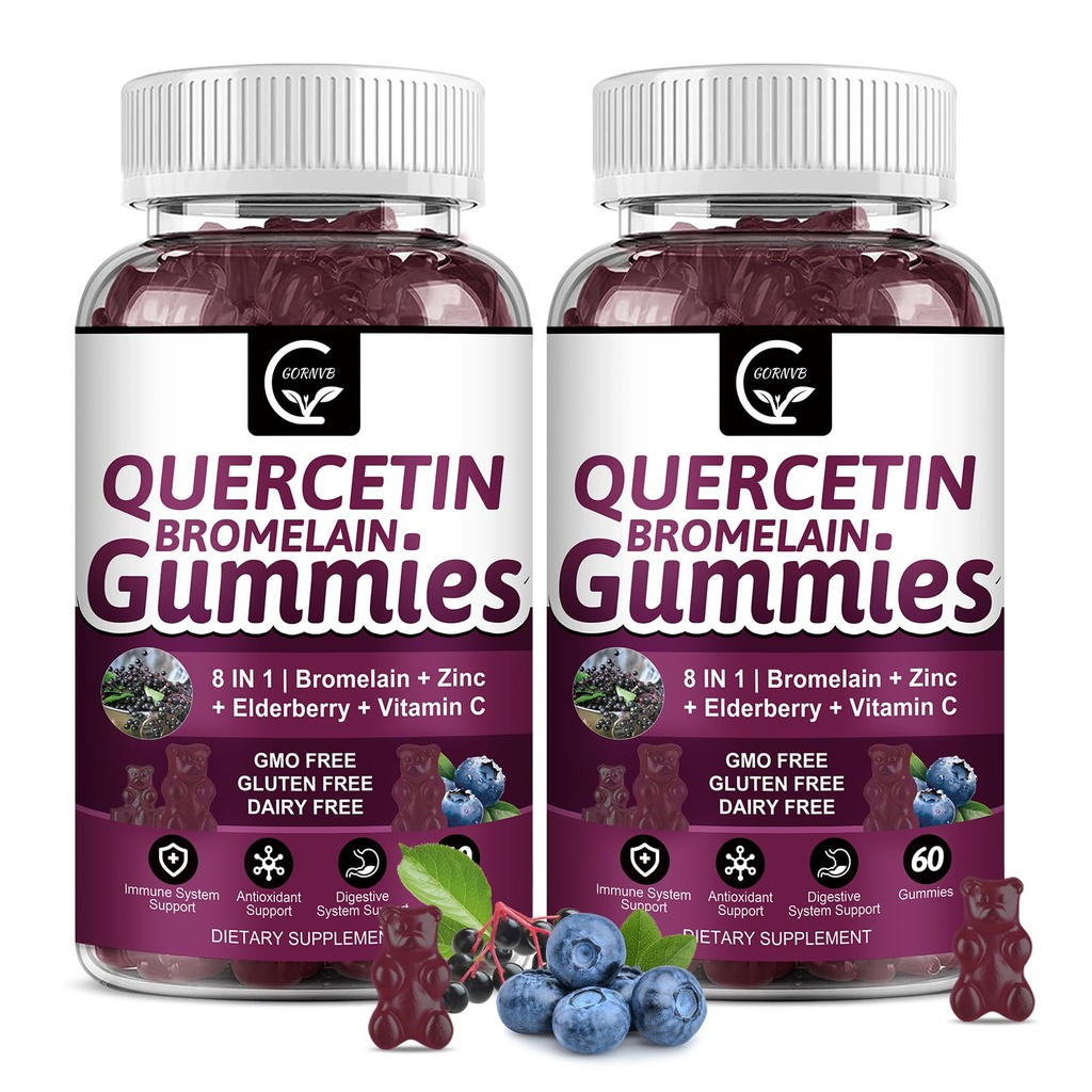 (2 Pack) Quercetin Gummies - Quercetin dengan Bromelain 2378mg - Blend with Elderberry, Echinacea Purpurea Ektract, Zinc, Vitamin C, D3, K2, Complex Supports Ammune, Cardiovascular & Respiratory Fungsi