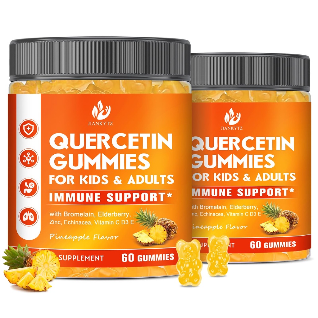 (2 Pack) Sugar Free Quercetin dengan Bromelain Gummies for Kids & Adult - Imune, Antioksidant, Seasonal Suplemen, 1000mg Quercetin dengan Bromelain, Zinc, Elderberry, Vitamin C D3 E, 120 Count