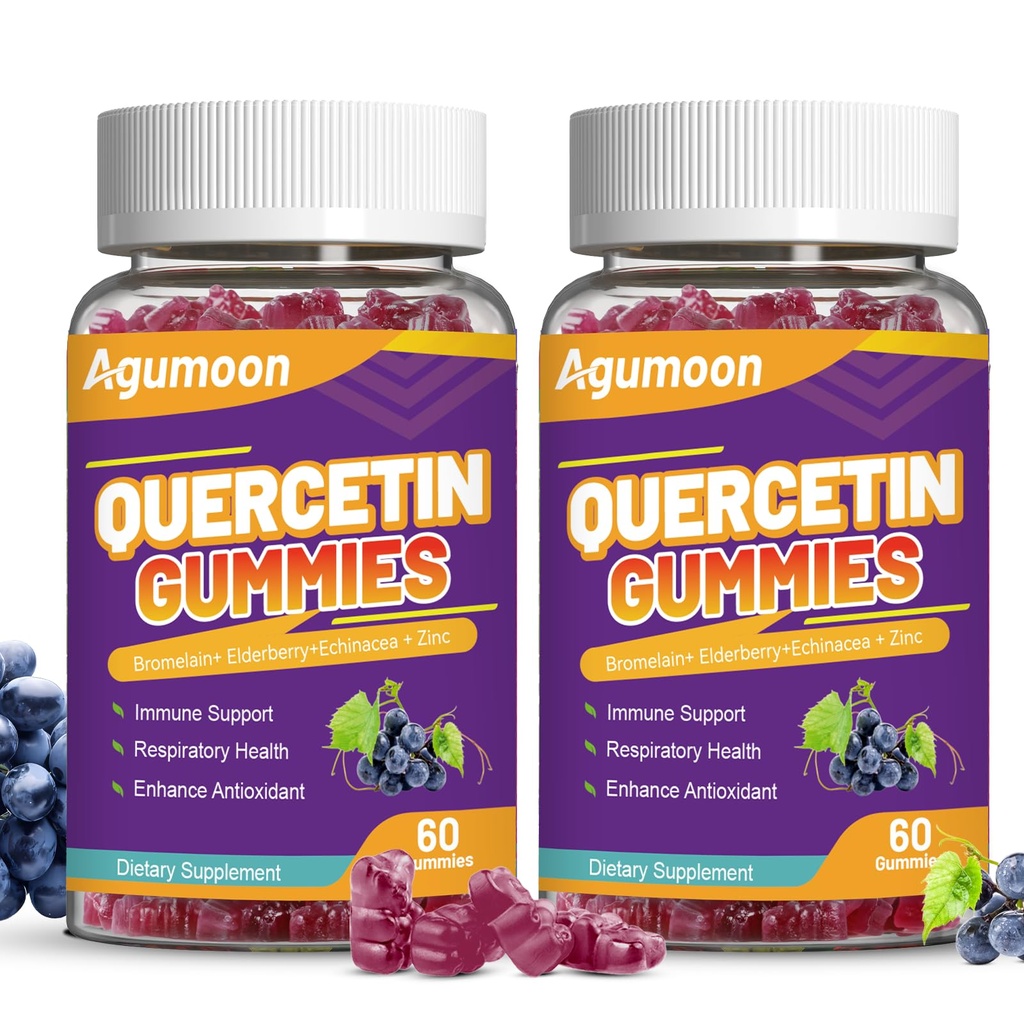 2 Pack Quercetin Gummies, 100mg Quercetin dengan Bromelain Zinc Elderberry, Immune & Antioksidant Dukungan, Gummi Vegan untuk Dewasa & Anak-anak, 120 Count
