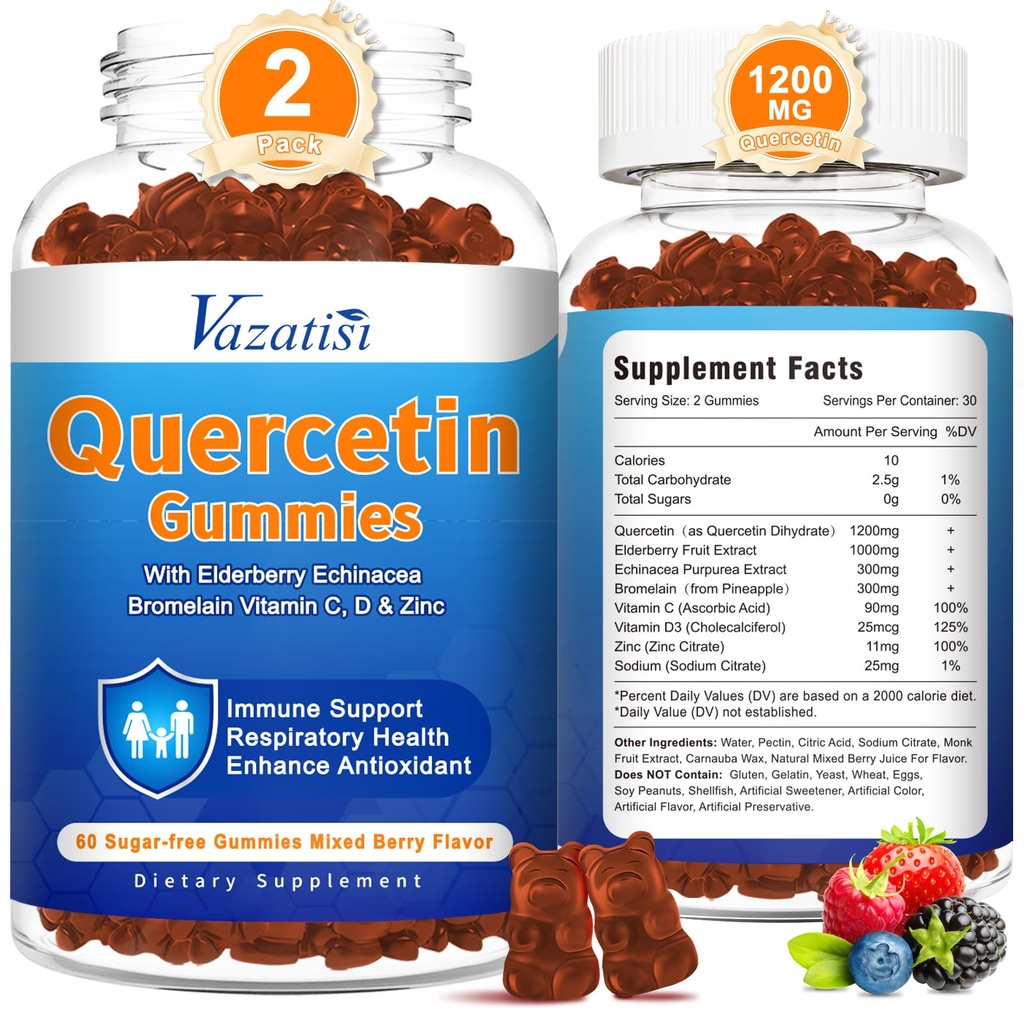 2 Pack Quercetin dengan Bromelain Gummies, Quercetin dengan Vitamin C Zinc & Elderberry untuk Imune System & Allergy, Chelable & Vegan Gummies, Mixed Berry Flavor 120 Cts