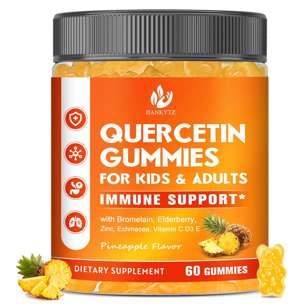 Sugar Free Quercetin dengan Bromelain Gummies for Kids & Adult - Ammune, Antioksidant, Seasonal Quercetin Suplemen dengan Bromelain, Zinc, Elderberry, Vitamin C D3 E, Vegan, 60 Count