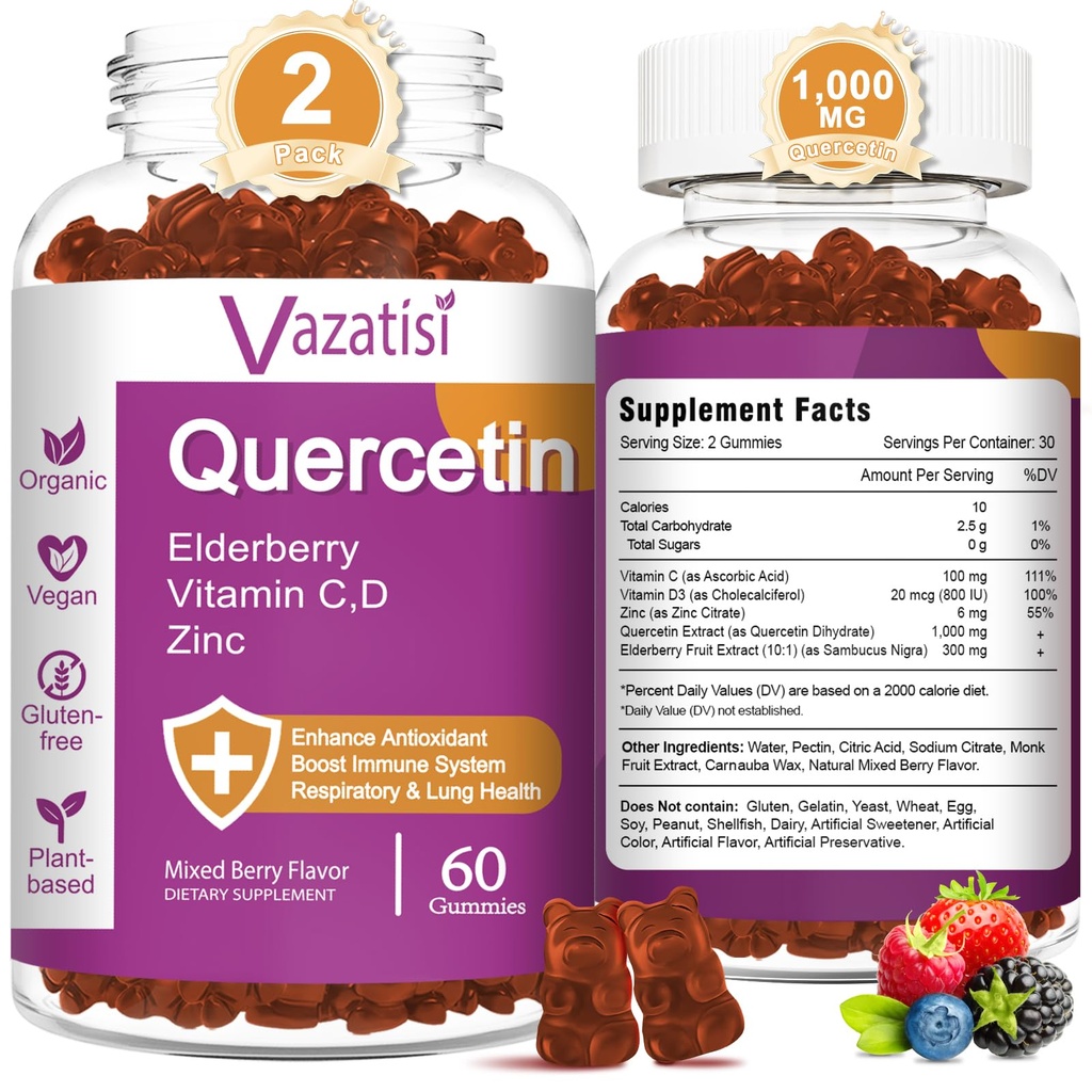 Quercetin Gummies, Quercetin dengan Vitamin C Zinc, Bromelain, Elderberry dan Vitamin D, Hammune Dukungan Anak Dewasa, Perempuan Pria 120 Gummies Chewable