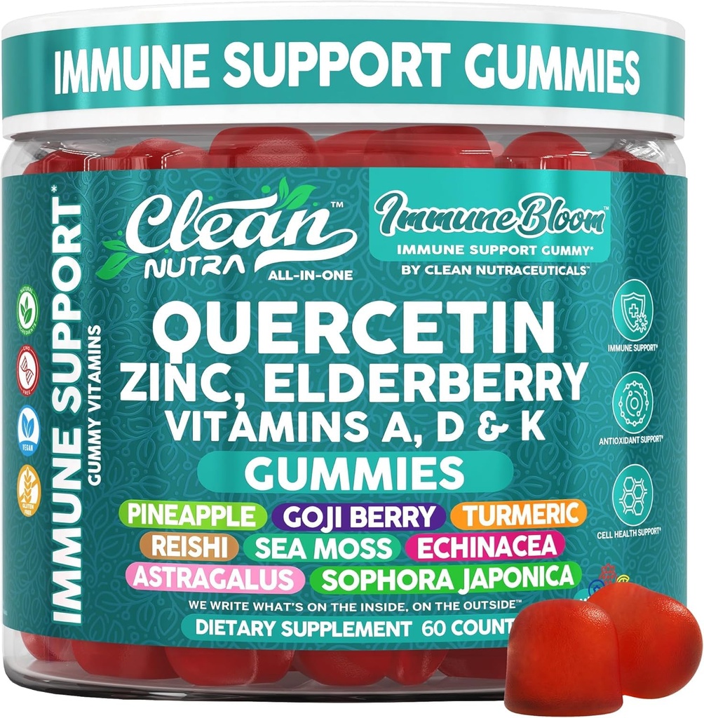 Clean Quercetin Elderberry Immune Support Gumnium Selenium Olive Leaf V2 D3 A Bromelain Goji Berry Sea Moss Echinacea Astragalus Olive Leaf Immunity Suplemen Gummy Vitamin