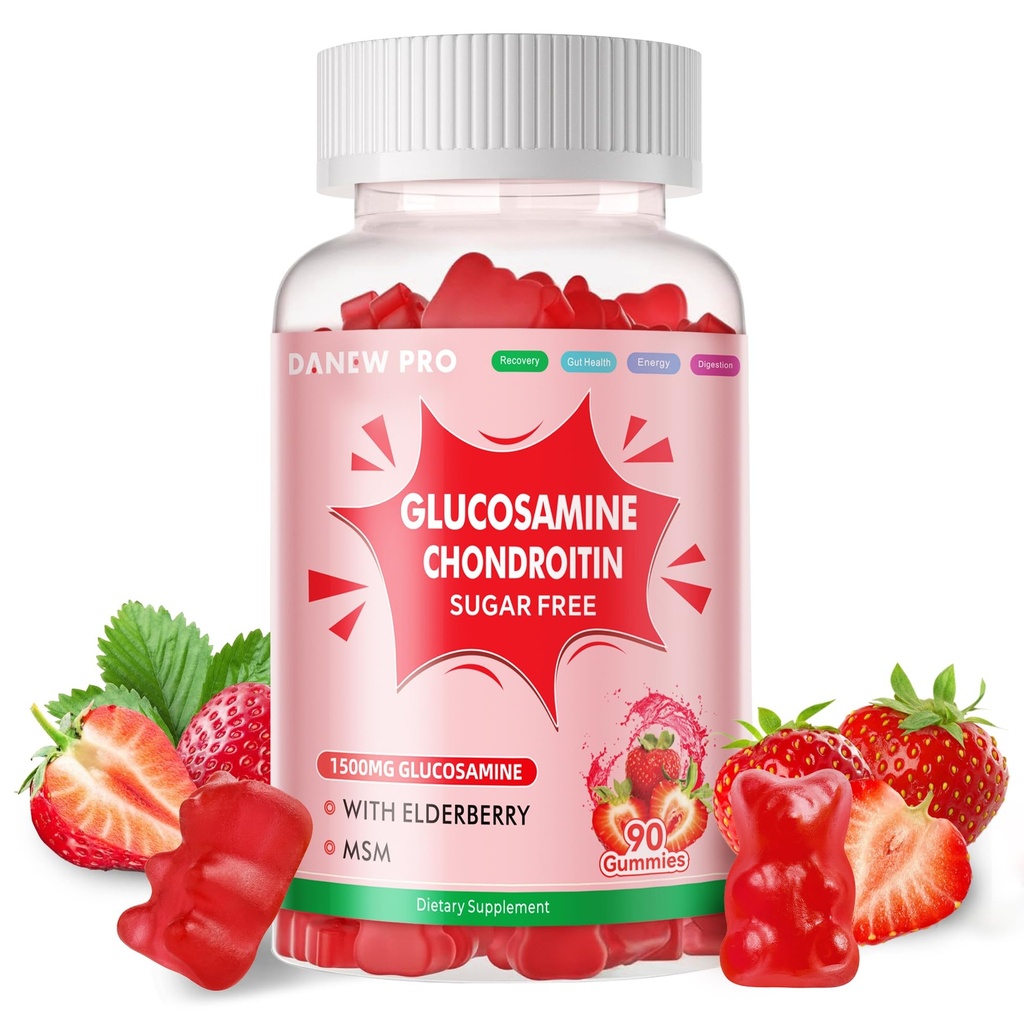 DANEW Pro Glucosamin Chondroitin Gummies dengan MSM & Elderberry Ekstra Kekuatan - Dukungan Bersama, Suplai Dukungan Ammune Antioksidan untuk Dewasa, Pria & Women.90 Strawberry Gummies