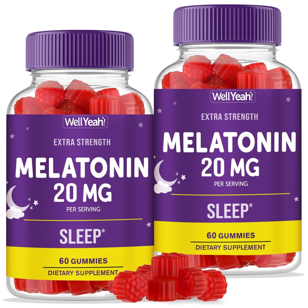 Welyeah Meltonin Gummies 20mg (2 Pack); Sleep Support 124; Maximum Power Melonalin 20mg Gummies for Dewats 124; Fast Dissolved 124; Great Berry Flavor 124; 60 Count 124; Vegan, Non GMO