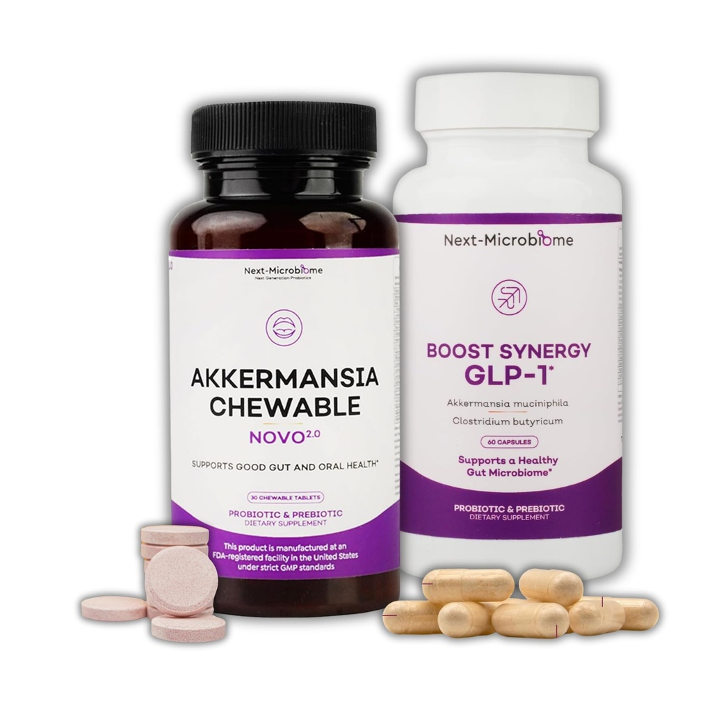 NEXT-MICROBIOME Akkermansia Muciniphila Probiotic Suplemen 2 Set - Chewable & Capsule Duo untuk Gut dan Oral Dukungan, Digetical dan Metabolic Wellness untuk Perempuan & Pria