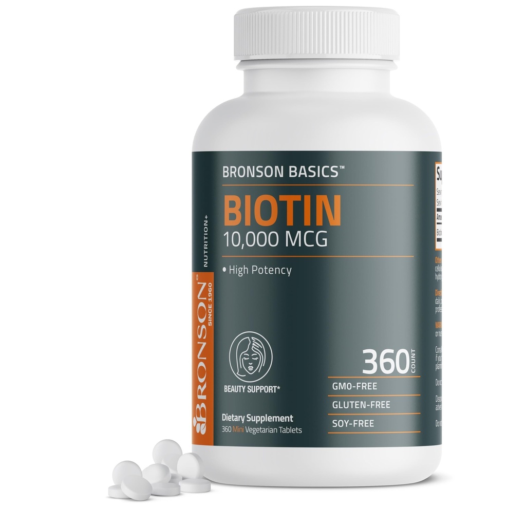 Bronson Biotin 10,000mcg, Support Healthy Hair, Skin and Nails, Vegetarian, Non- GMO, 360 Tablet