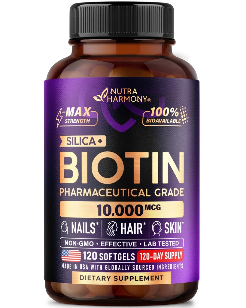 Biotin 1000mcg dengan Silicon - Farmasi Tingkat Biotin Suplemen untuk Perempuan - Pengembangan Rambut, Skin & Nails - Max Kekuatan & 100% Bioavability - Dibuat di USA - 120 Softgels, 120 Days Suppply