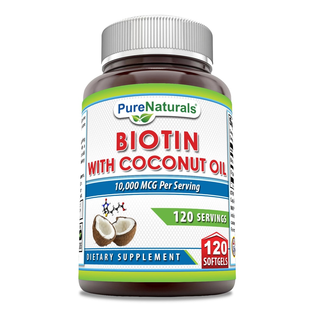 Murni Biotin 10.000 Mcg dengan Ekstra Virgin Coconut Minyak 120 Softgels 124; Non- GMO 124; Gluten Bebas 124; Dibuat di AS