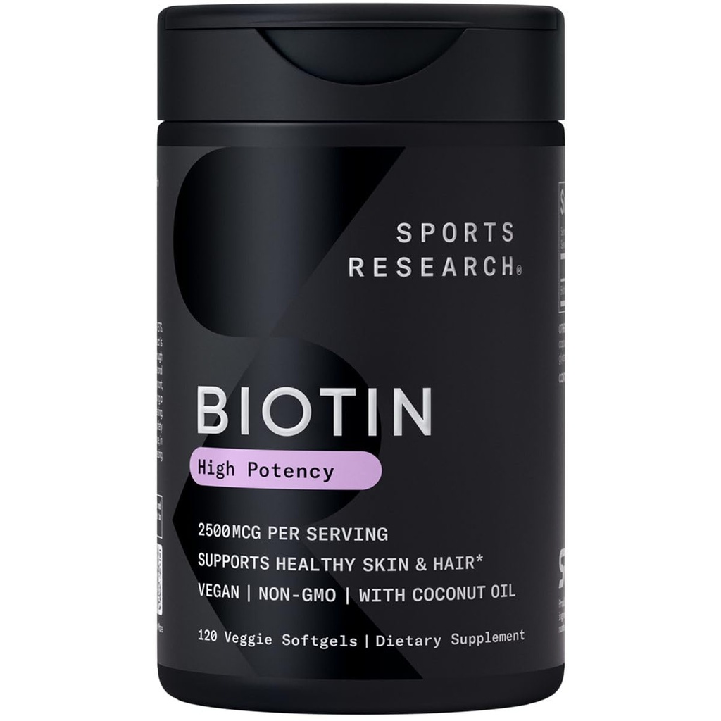 Penelitian Olahraga ® Biotin 2.500mcg dengan Oil Organik Coconut - Biotin (Vitamin B7) untuk Dukungan Kulit dan Rambut Sehat * - untuk Perempuan dan Pria - Vegan, Non- GMO, Gluten & Soy- Free - 120 Veggie Softgels