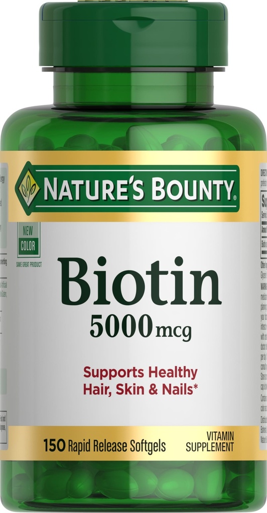 Nature 's Bounty Biotin, Supports Metabolisme for Cellular Energy and Healthy Hair, Skin, and Nails, 5000 mcg, 150 Softgels