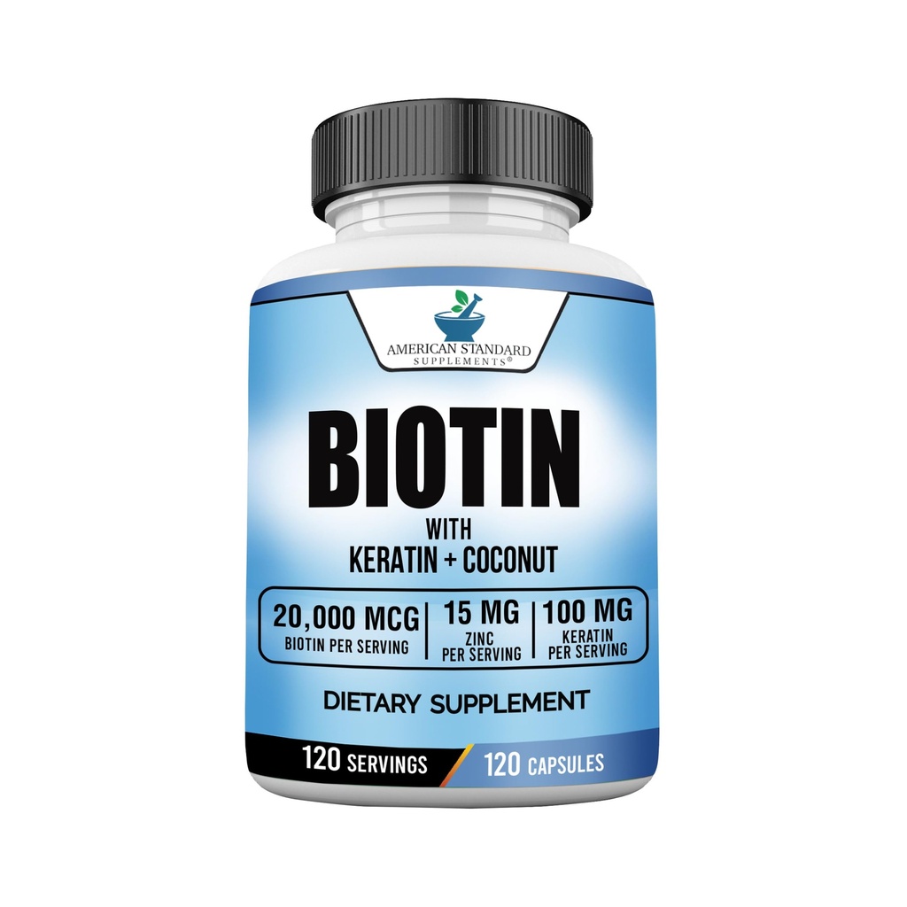 Suplemen Standar Amerika Biotin 20.000.000 mcg dengan Kertin, Koconut Powder dan Zinc, Biotin Suplemen untuk Perempuan dan Pria, 120 Veggie Kapsul, 120 Hari Suppply