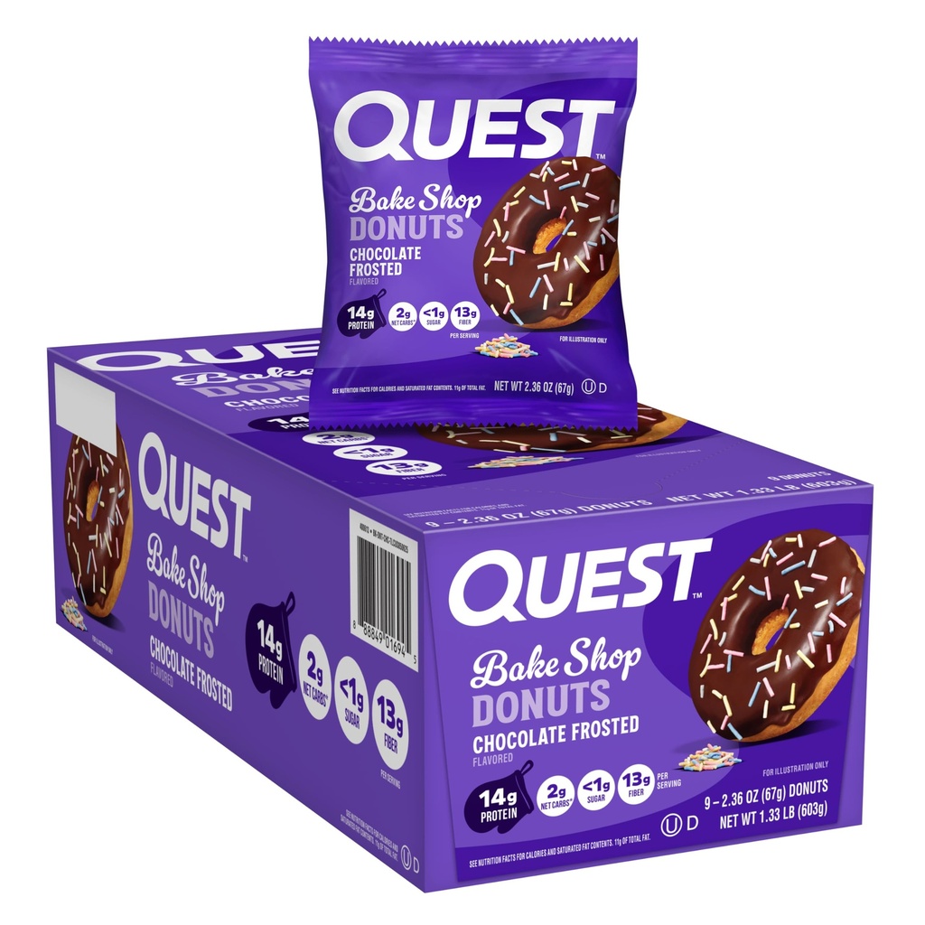 Toko Nuklir Quest, Chocolate Frosted Donuts, 14g Protein, Kurang dari 1g Sugar, Protein Snack, Low Sugar, 9 Count