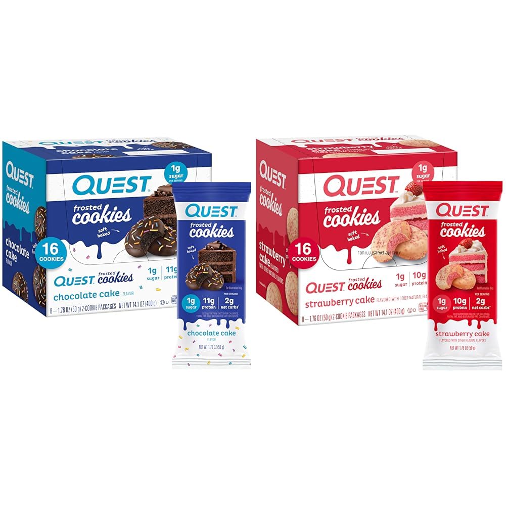 Quest Nutrition Frosted Cookies Twin Pack Bundle, Chocolate Cake 1g Sugar Protein 11g 2g Net Carbs dan Strawberry Cake 1g Sugar 10g Protein 2g Net Carbs, Gluten Free, 16 Cookies Masing-masing