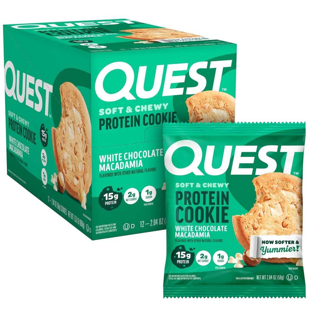 Quest Nutrition Chocolate Macadamia Protein Cookie, 15g Protein, 1g Sugar, 2g Net Carbs, Keto Friendly, High Protein, Low Carb; 12 Count