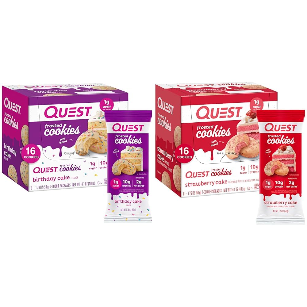 Quest Frosted Cookies Twin Pack dengan Kue Ulang Tahun 1g Sugar 10g Protein 2g Net Carbs Gluten Free 8 Count dan Strawberry Cake 1g Sugar Protein 2g Net Carbs Gluten Free 16 Cookies