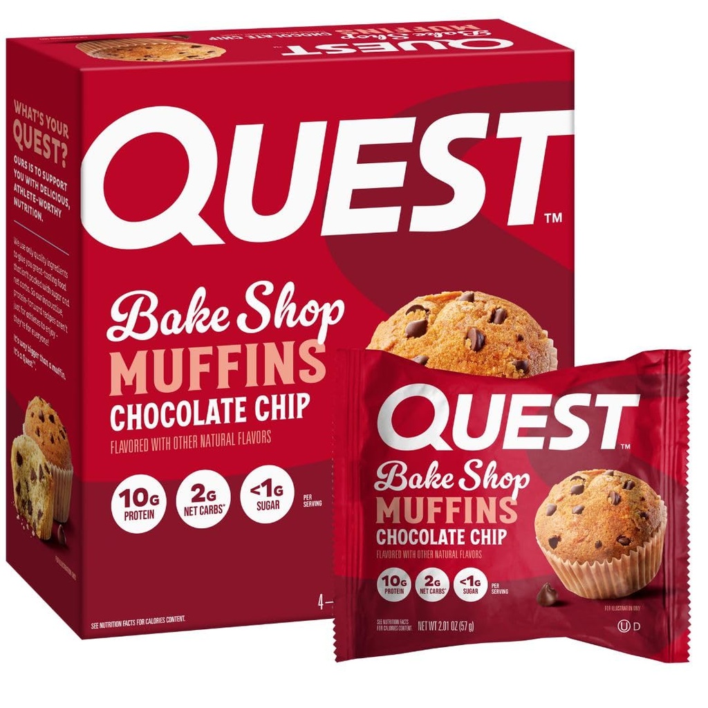 Quest Nutrition Chocolate Chip Muffin, 10g Protein, 2g Net Carb, Kurang dari 1g Sugar, Protein Snack, 4 Count