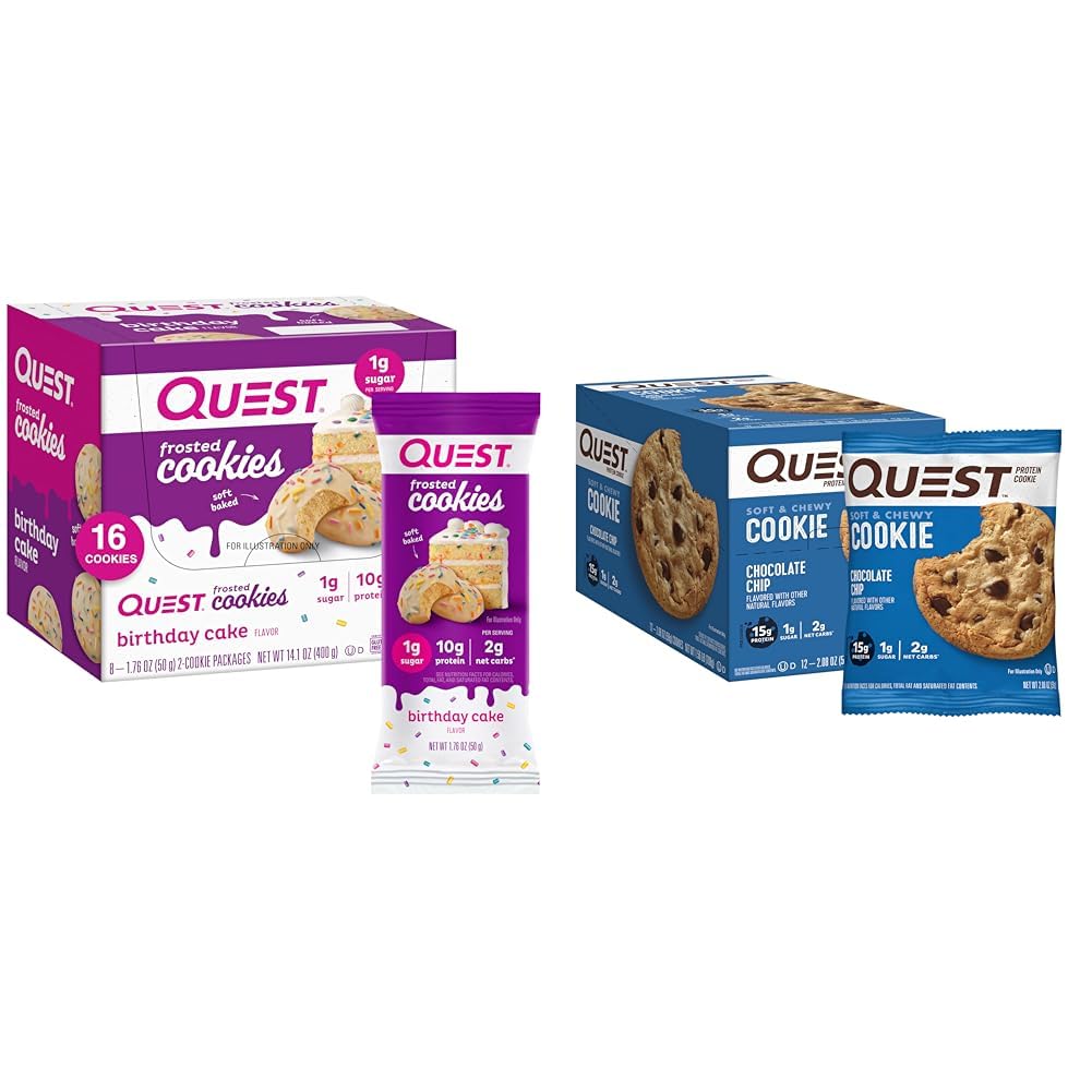 Quest Nutition Frosted Cookies Twice Pack Birthday Cake 1g Sugar 10g Protein 2g Net Carbs Gluten Free 8 Count & Chocolate Chip Protein Cookie 12 Count