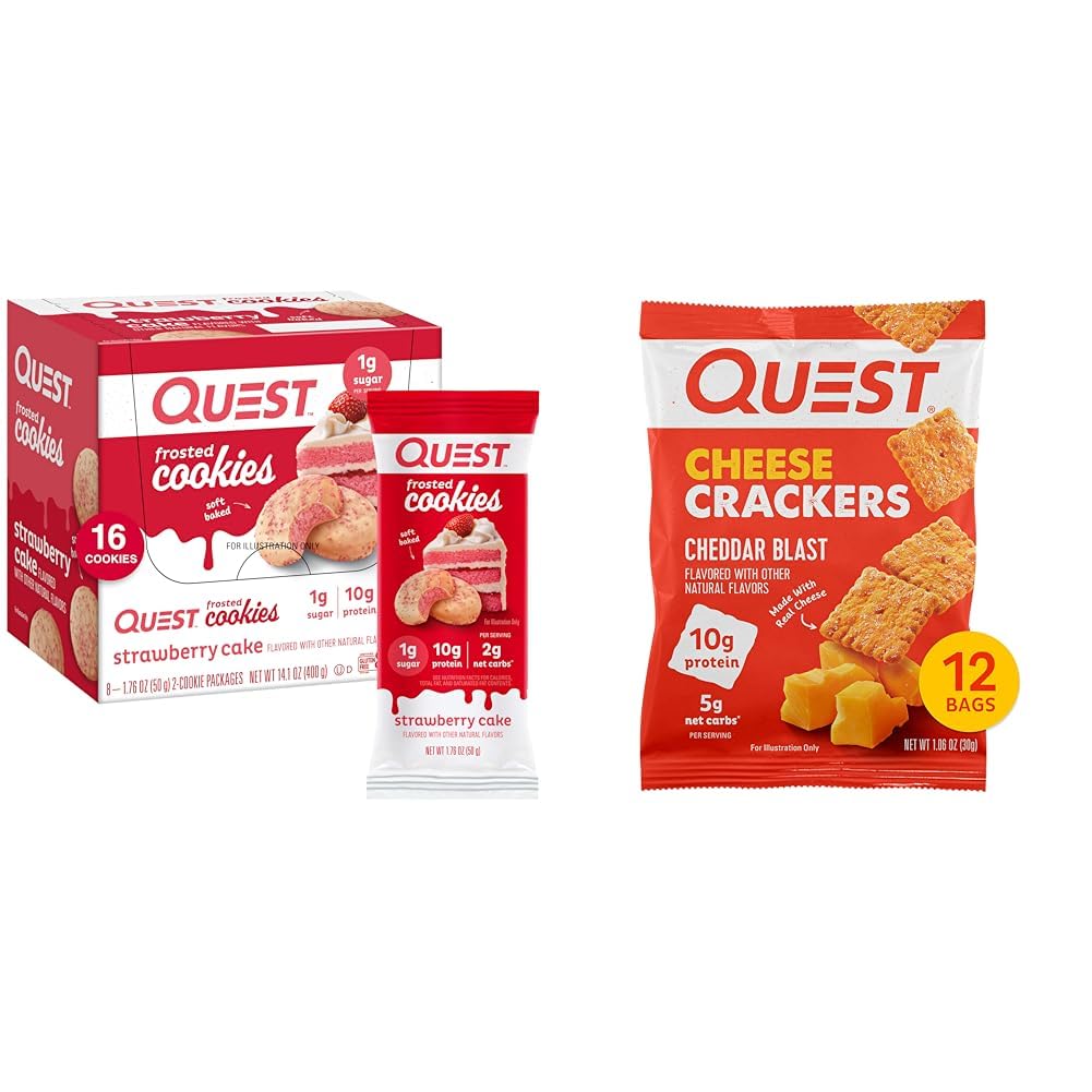 Quest Nutition Frosted Cookies Twin, Strawberry Cake, 1g Sugar, 10g Protein, 2g Net Carbs & Cheese Crackers, Cheddar Blast, High Protein, Low Carb, Made with Real Cheese, 12 Ct