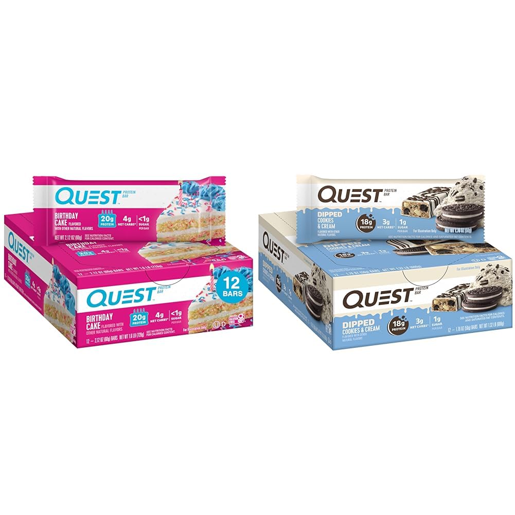 Quest Birthday Cake & Cookies & Cream Dipped Protein Bars, High Protein, Gluten Free, Keto Friendly, 12 Count