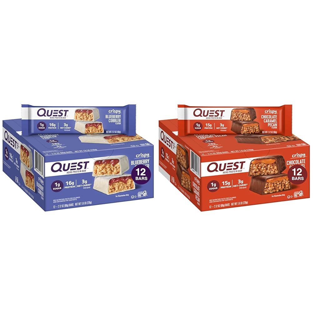 Quest Nutrection Crispy Blueberry Cobbler & Chocolate Caramel Pecan Hero Protein Bars, 16g & 15g Protein, 1g Sugar, 3g Net Carb, Gluten Free, Keto Frid, 12 Count Bundle