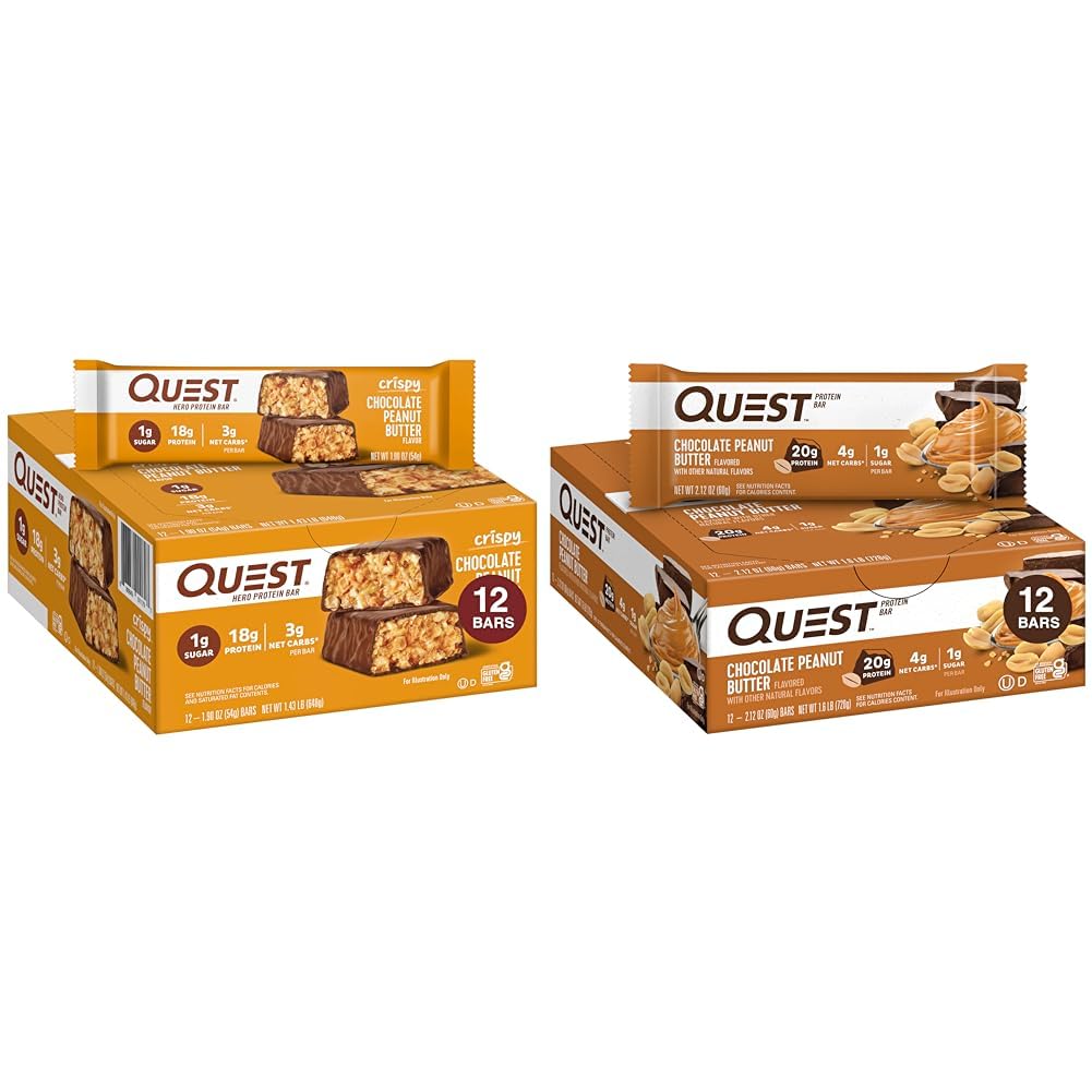 Quest Nutition Crispy Chocolate Peanut Butter Hero Protein Bar, 18g Protein & Chocolate Peanut Butter Bars, High Protein, Low Carb, Gluten Free, Keto Friendly, 12 Count