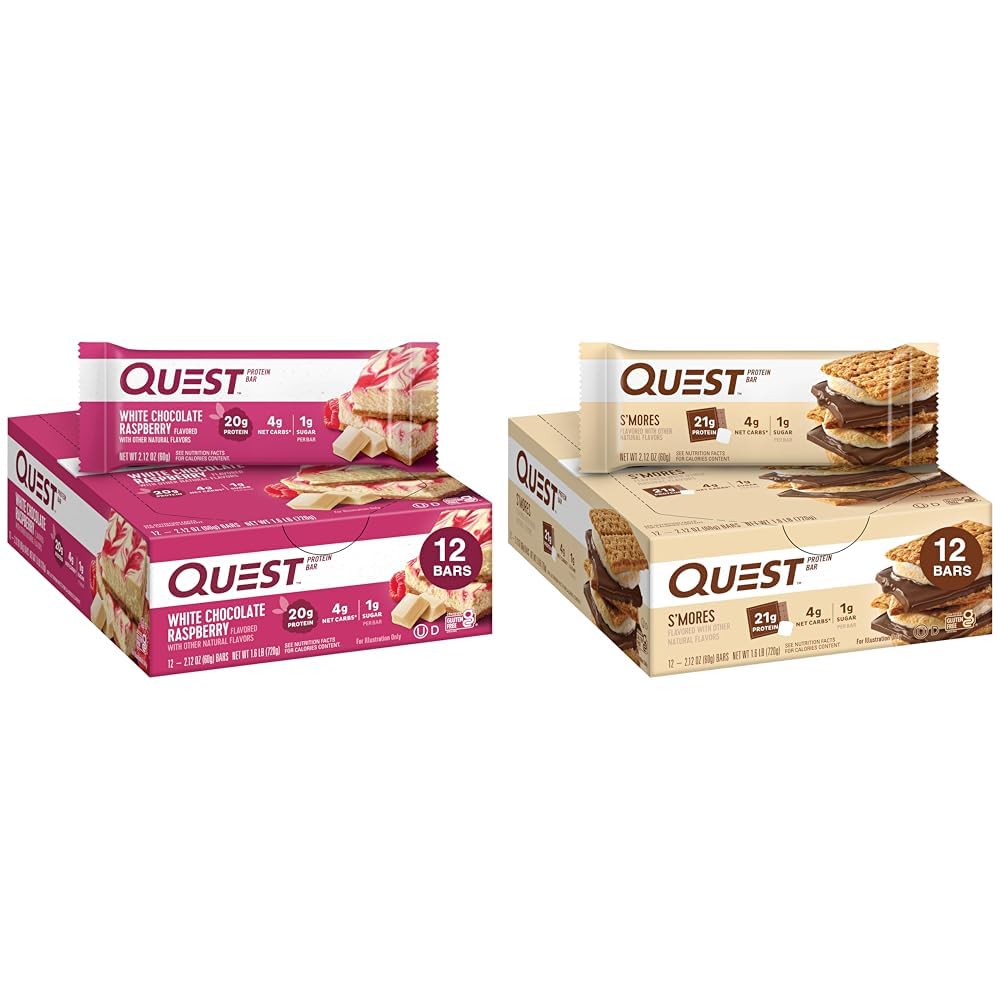 Quest Nutrition White Chocolate Raspberry Protein Bars, High Protein, low Carin, Gluten Free, Keto Friendly, 12 Count & S 'mores Protein Bar, High Protein, Low Carb, Gluten Free, Keto Friendly, 12 Count