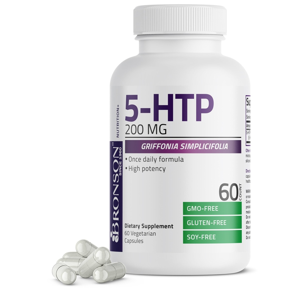 Bronson 5-HTP 200mg (5- hydroxytryptophan) Lorenonia Simplicifolia Non- GMO, 60 Vegetarian Capsules