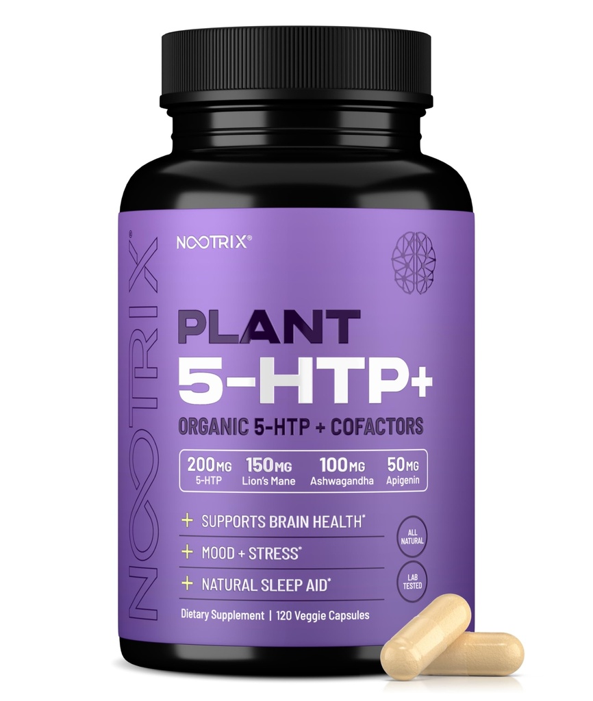 Nootrix Organic Plant 5 HTP + Tambahan: 124; Supports Memory, Mental Focus, Cognitive Health & Energy 124; Promotes Healthy Mood & Brain Fungsi 124; Vitamin B6 & L Theanine 124; 120 Capsules