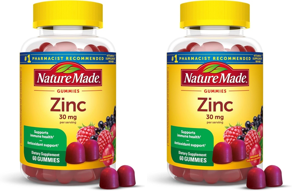 Nature Made Zinc Suplemen 30 mg Per Serving, Dietary Suplement for Immune Health and Antioksidant Dukungan, 60 Zinc Gummies, 30 Hari Supply, (Paket 2)