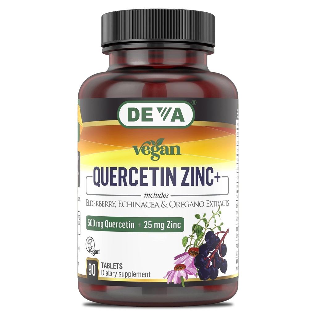 DEVA Vegan Quercetin 500mg Plus 25mg Zinc dengan Elderberry, Echinacea dan Oregano Extracts - 90 Tablets, 1 - Pack