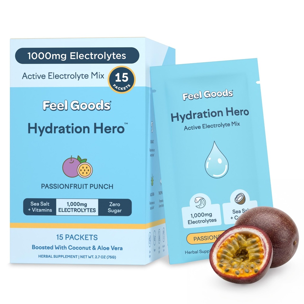 Feel Goods Hydration Hero, 1.000mg Electrolytes Powder, Sugar Free, Magnesium, Organic Aloe Vera, L Theanine, Vitamin C & B12, Keto, Vegan, Electrolite Packets, Passion Fruit Punch, 15 Count