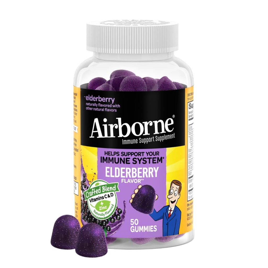 Airborne Elderberry + Zinc & Vitamin C Gummies Untuk Dewasa, Immune Dukung Vitamin D & Zinc Dengan Antioksidant Kuat C D & E - 50 Gummies, Elderberry Flavor