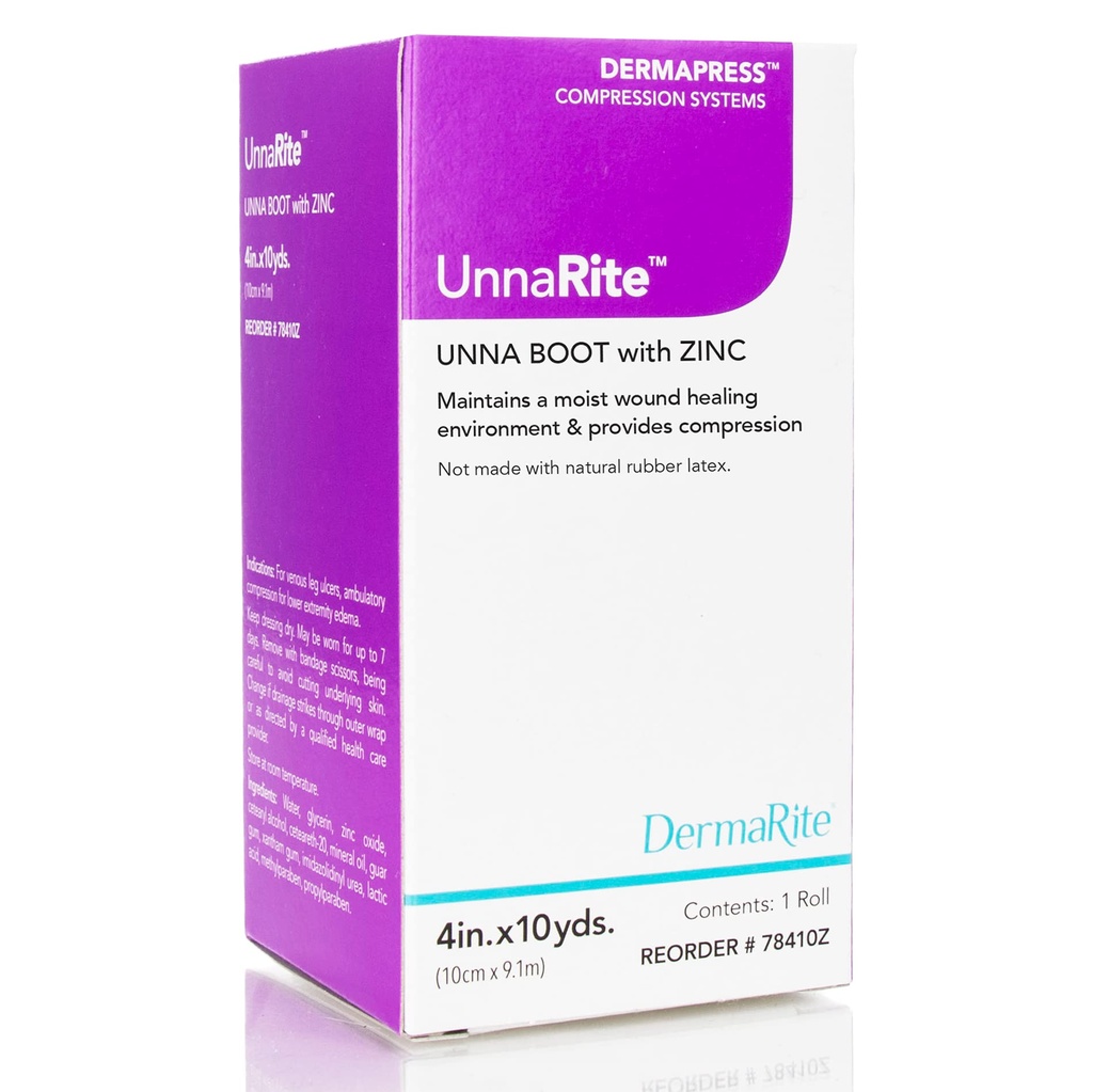DermaRite 's UnnaRite C Unna Boot, dengan Zinc Oxide - Moist Heeling and Gentle Compression for Venous Leg Ulcers - 4 in. x 10 yds., 1 Roll