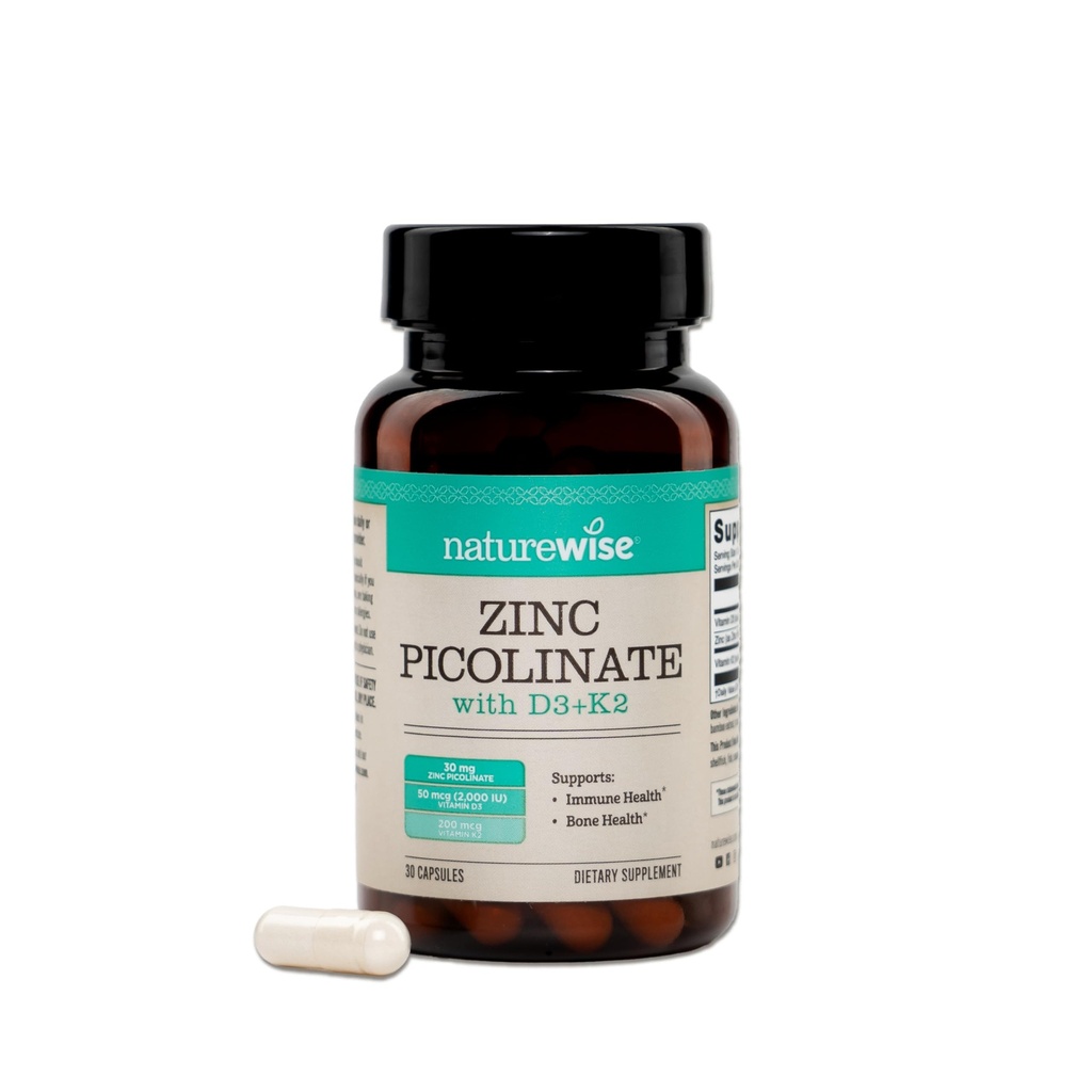 NatureWise Zinc Picolinate with D3 + K2 - Zinc Suplemen untuk Men & Women + Vitamin D3 K2 - Pasokan Imune & Bone Health * - Non-GMO, Gluten Free, USA Productulled - 30 Capsules [30 Hari Supply]