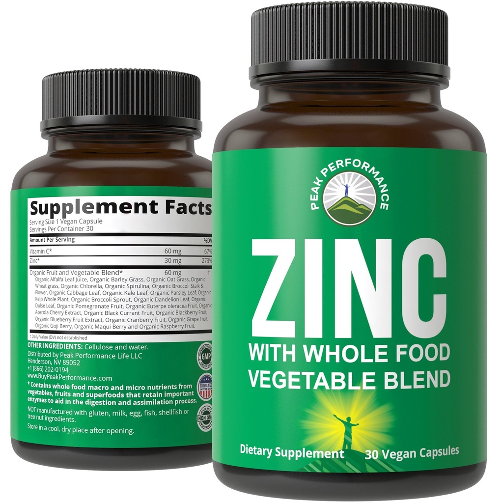 Vegan Zinc Suplemen dengan Vitamin C + Whole Food Blend dari 25 Vegetables dan Buah untuk Max Absorpsi. Suplemen Zinc 30mg Kapsul, Pil, Tablet, Vitamin untuk Orang Dewasa Baik Pria dan Wanita