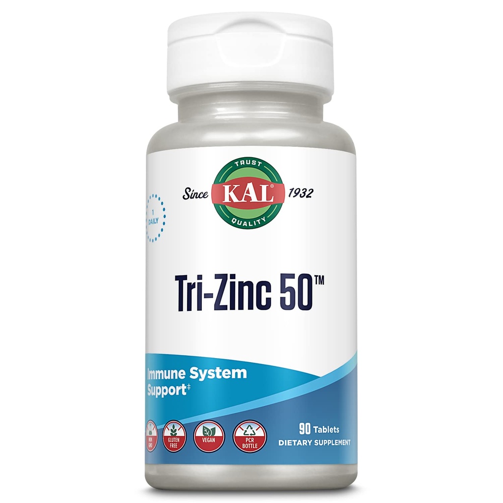 KAL Tri Zinc 50mg w / Citrate, Amino Acid Chelate dan Picolinate, Metabolisme sehat dan Suplemen Imune, Vegan, Gluten Free, Non-GMO, Jaminan 60- Day, 90 Hamba, 90 Tablet