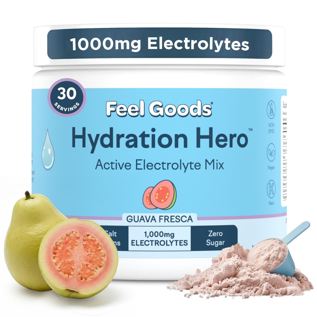 Feel Goods Hydration Hero, 1.000mg Electrolytes powder, Sugar Free, Magnesium, Organic Aloe, Organic Aloe, L Theanine, Vitamin C & B12, Non GMO, Keto, Vegan 124; Guava Fresca, 30 Servings