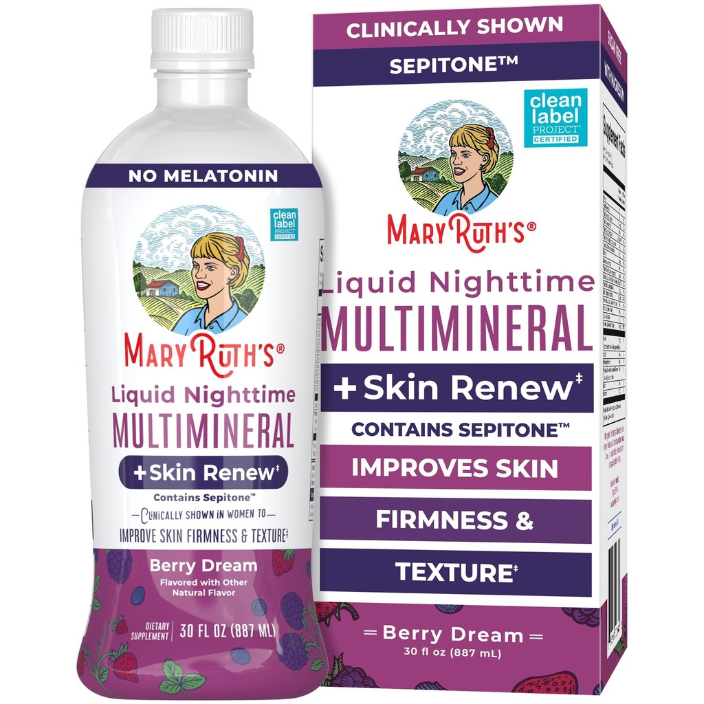 MaryRuth 's Liquid Liquid Multimineral + Skin Renew 124; Clinically Shown in Women to Reduce Fine Wrinkle & Impreve Skin Firstistice 124; Sepitone 124; NO Melonin 124; Magnesium 124; Vegan 124; 30