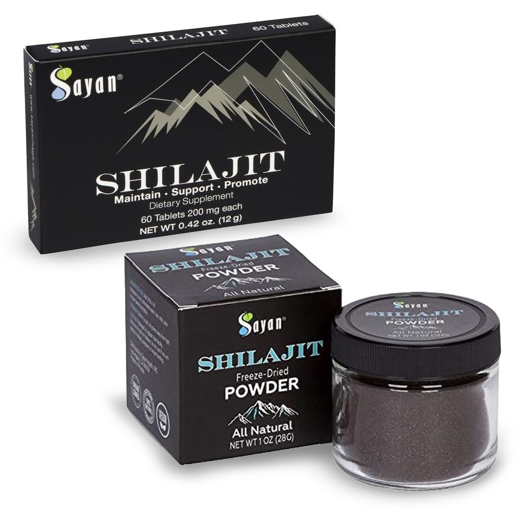 Sayan Shilajit Pure Organic Black Resin Trace Mineral Tablet & Pure Organic Shilajit Extract Freeze- Dry Powder Bundle - Dukungan Imune, Detox, Energy Boost (1 Month Suppply)