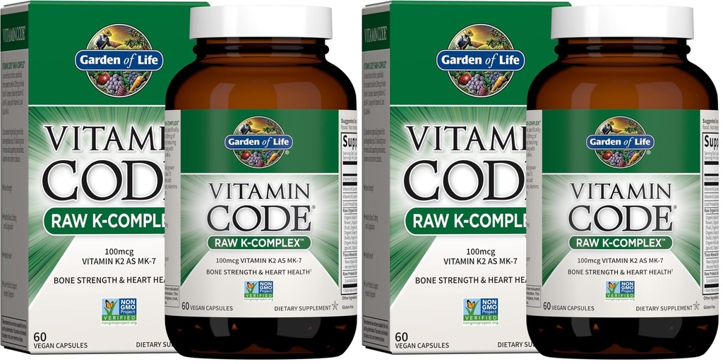 Garden of Life Vitamin K2 dan K1, Vitamin Code Vegan K Complex for Bone Strength and Heart Health, Omega Rich Flax Seed Oil, Trace Mineral, Programnis, 60 Day Supply, (Paket 2)
