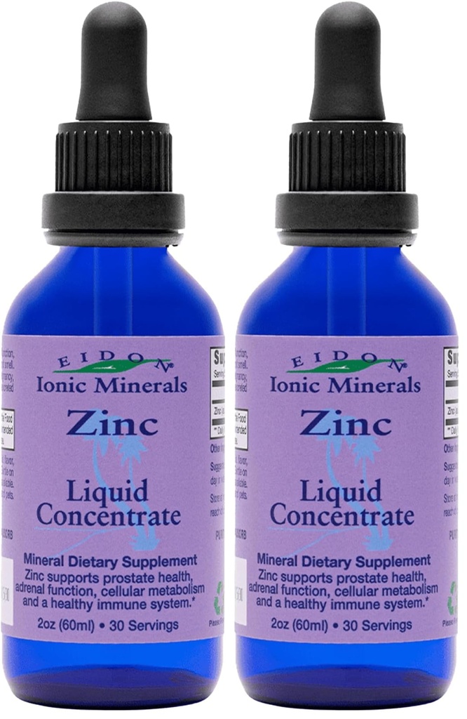 Eidon Ionic Mineral Liquid Zinc Konsentrat - Ionic Zinc Supplement Drops for Dewata dan Anak-anak, Dukung Sistem Imune, Rambut dan Kulit, Hati dan Ginjal Kesehatan, Mengembalikan Stress - 2 oz (Paket 2)