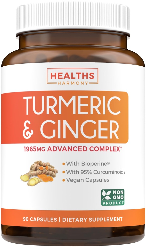Turmeric dan Ginger Supplement (Non-GMO) 1980mg Serving - Turmeric Curcumin dengan Black Pepper Bioperine, Ginger Extract, dan 95% Curcuminoid Powder - Tumeric Joint Support Suplemen - 90 Capsules