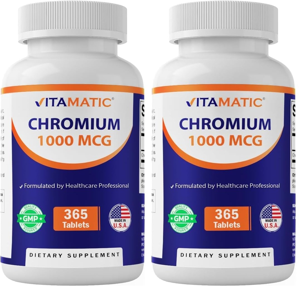 Vitamatic Chromium 1000 mcg 124; 365 Tablets 14; Potency Tinggi Chromium Picolinate 126; Non-GMO, Gluten Free (Pack of 2)