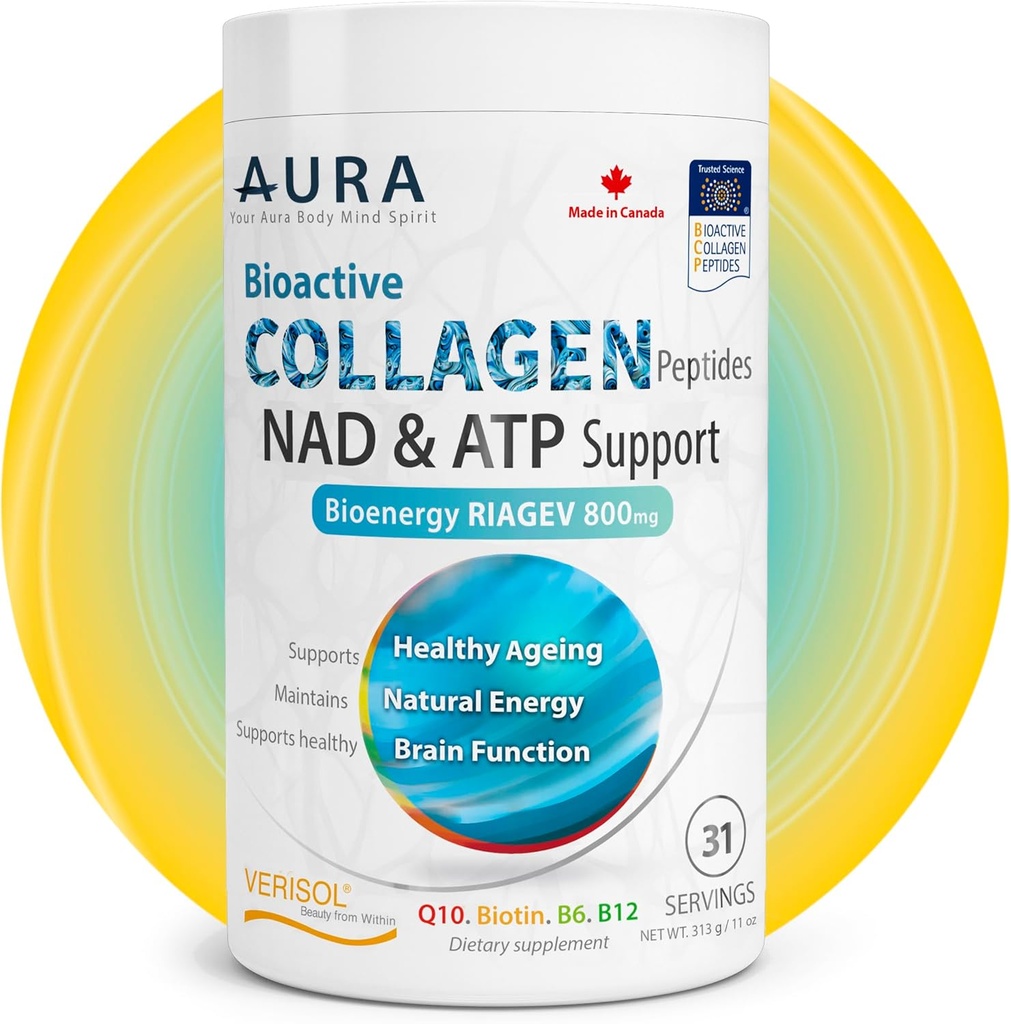 AURA VERISOL ® Bioactive Collagen Peptides ® Powder with Patented NAD + ATP Boosters, Advanced Cellular Reperemenation System, Healthy Aging & DNA Repair, Unflafected, Made in Canada, 31 Service.