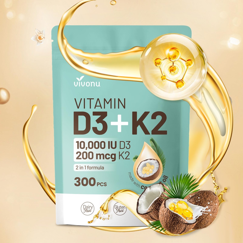 VivoNu Vitamin D3 K2 100000 IU dengan MK7- 300 Virgin Coconut Oil Softgels, 2 dalam 1 Vitamin D & K Kompleks 124; Vitamin D3 con K2 (1Bag)