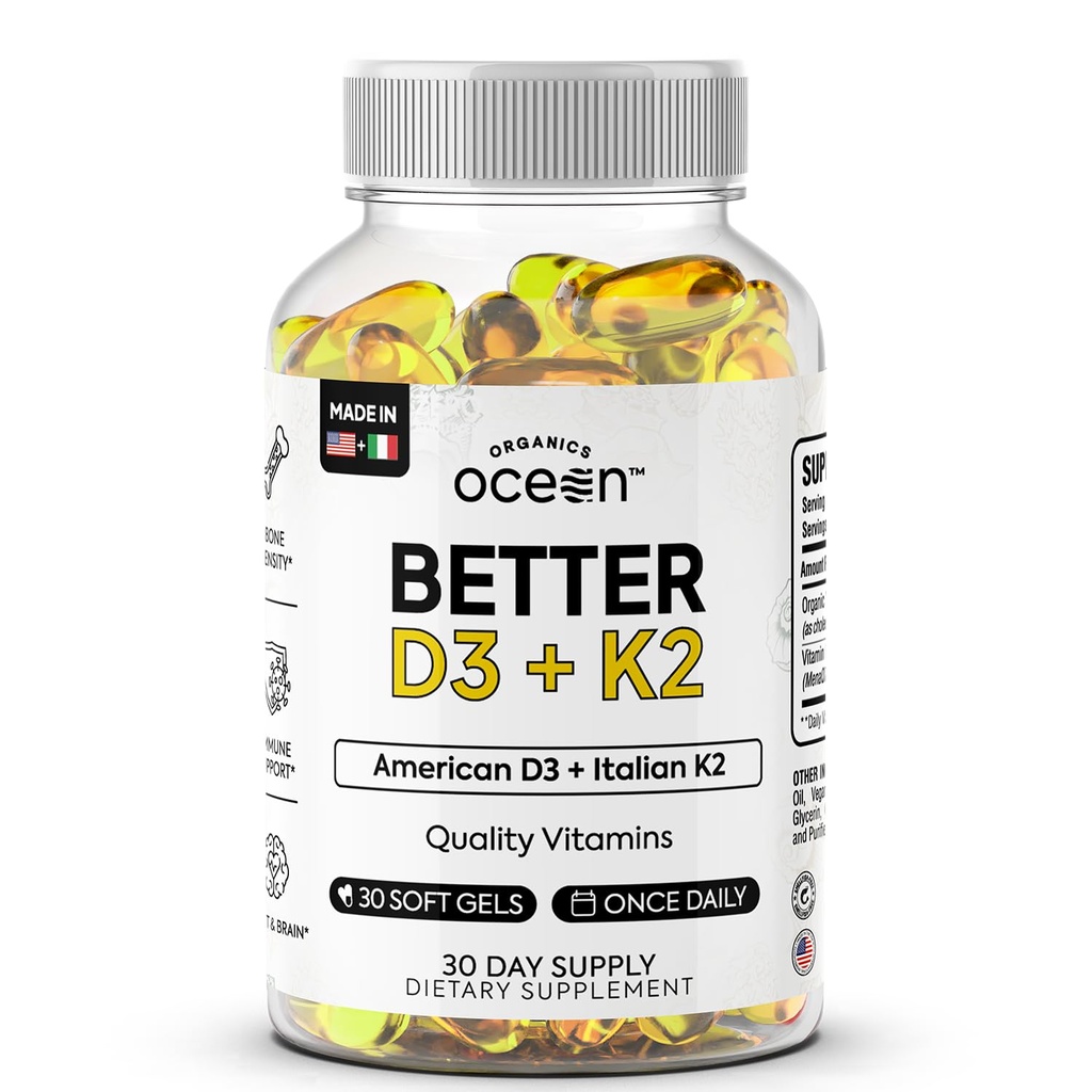 Penyelesaian Lautan Lebih Baik D3 + K2-100% VIT Organik D3 dan K2 Suplemen dengan Maksimum Biovavabilitas - Mendukung Density Tulang, Keseimbangan Kalsium, Keimbangannya & Mood