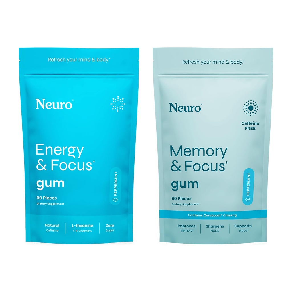 Neuro Focus Set - 90 Count Setiap Peppermint) - Sugar Free Nootropic Chewing Gums dengan Natural Caffeine, L- Theanine, B-Vitamin & Ginseng for Energy, Alertice & Clarity