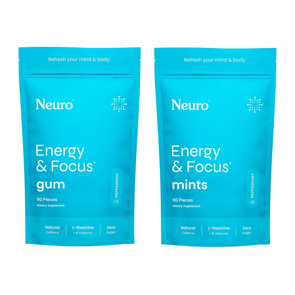 Neuro Energy & Focus Bundle - Peppermint Nootropic Gum (90ct) + Mint (90ct Caffeine Natural, L-Theanine, B12 + B6, Sugar- Free Brain Dukungan untuk Kejelasan & Energi